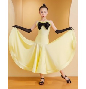 Girls kids light yellow ballroom latin dance dresses for children waltz tango foxtrot smooth dance long swing skirts 